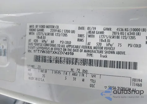 2019 Ford F-250 Xlt из США, поврежденный, VIN 1FT7W2BTXKED74959